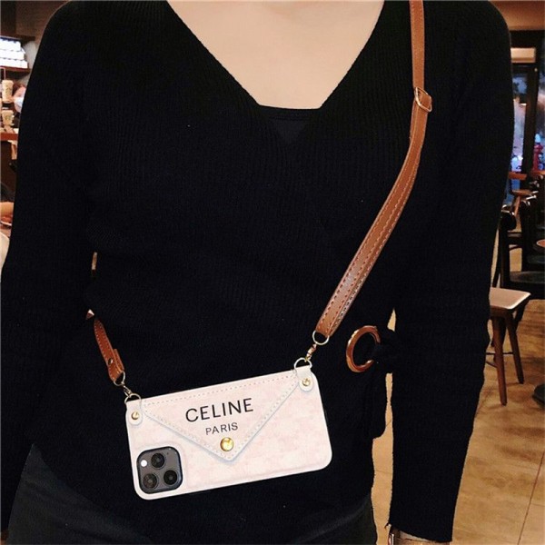 CELINE セリーヌブランドiphone 16 14 plus 15 pro maxケースiphone 16/14 pro/15 pro max xs/8/7 plusカバー ストラップ付 カード入れiphone 14 15 16 plusケースカバースタンド付きセレブ愛用全機種対応ハイブランドケース パロディ